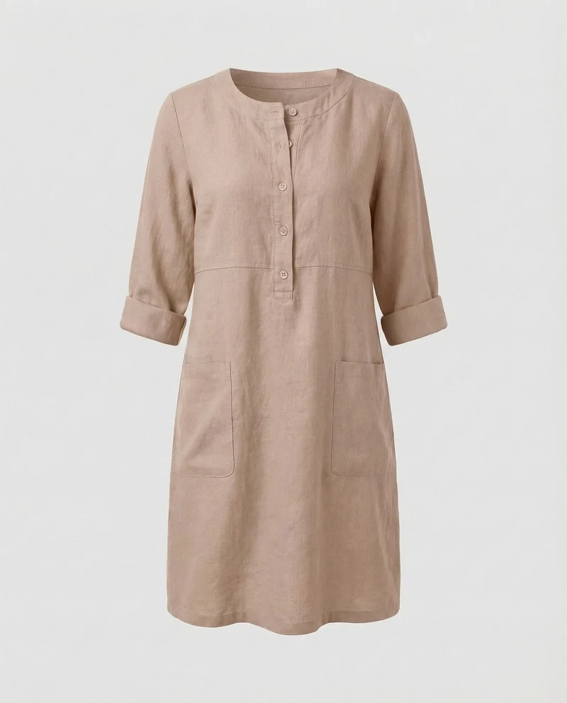 Damen Leinenkleid Rundhalsausschnitt Knopfleiste