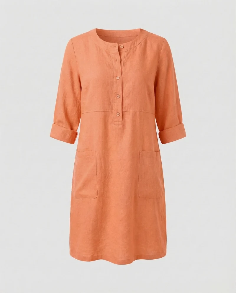 Damen Leinenkleid Rundhalsausschnitt Knopfleiste