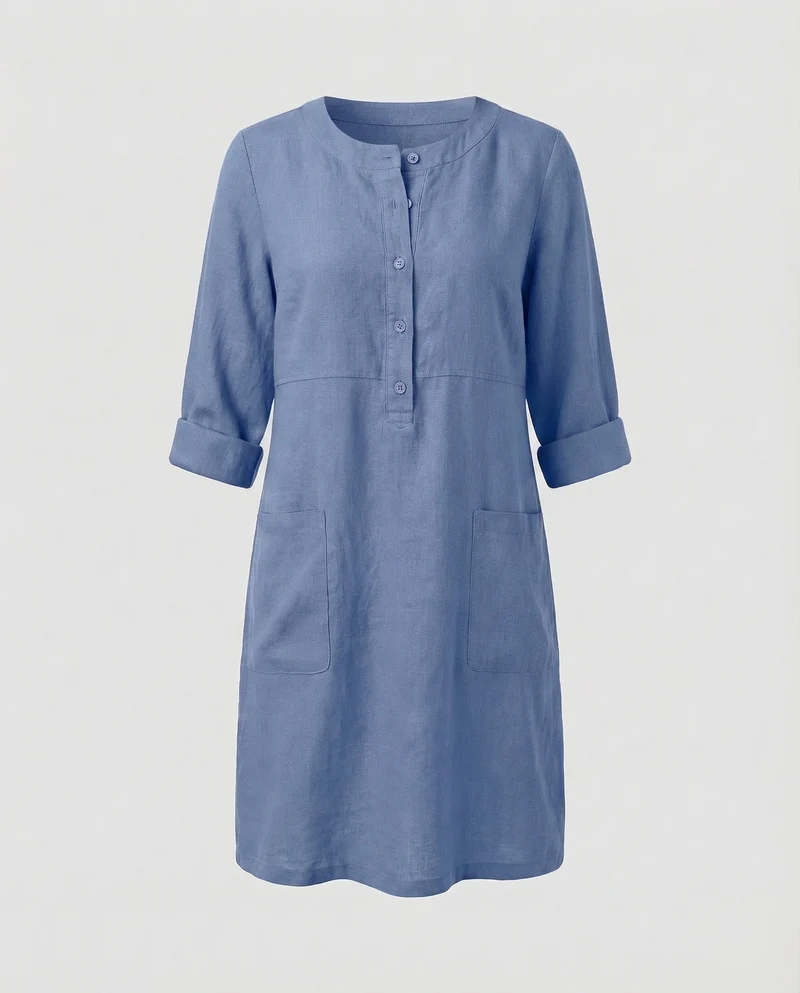 Damen Leinenkleid Rundhalsausschnitt Knopfleiste