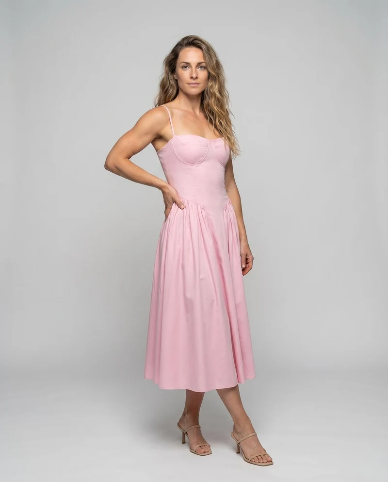 Damen Romantische Geformte Brustpartie MischgewNord Taschene Corsagen-Midikleid