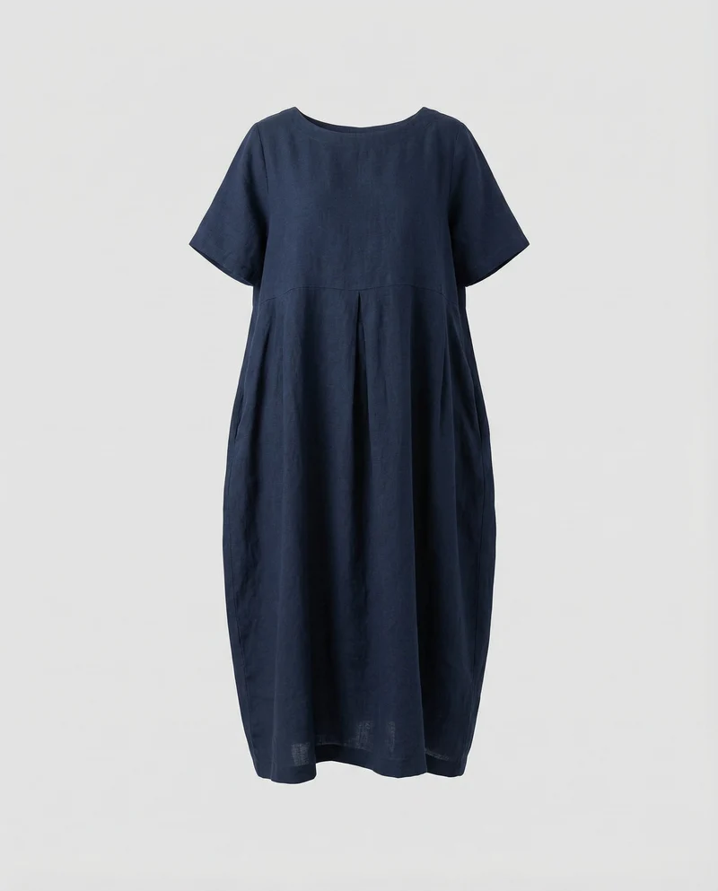 Damen Fließende Vordere-Falte Leinen-Maxikleid