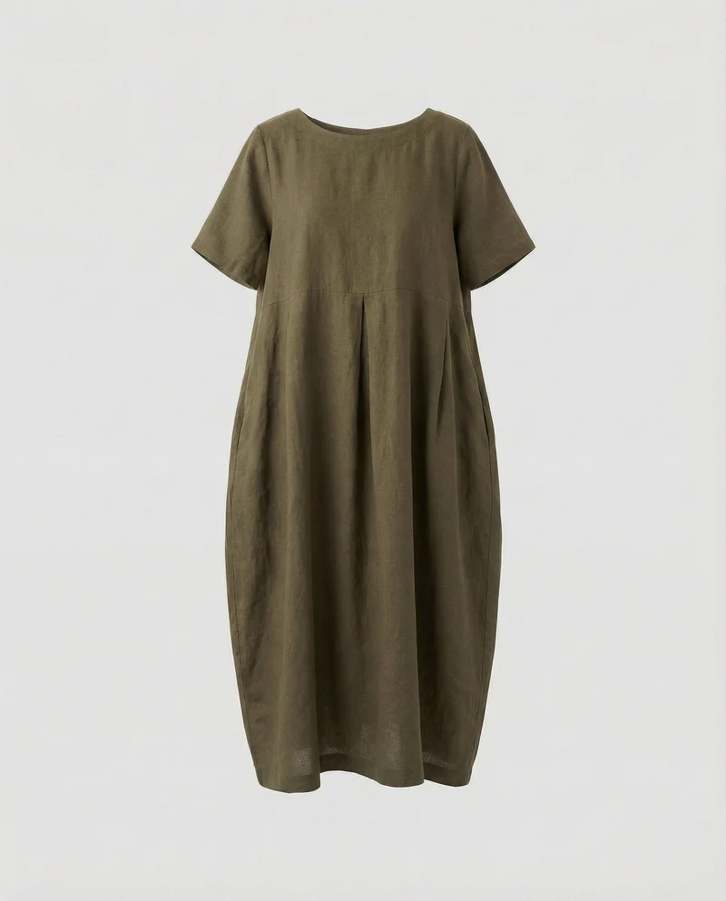 Damen Fließende Vordere-Falte Leinen-Maxikleid