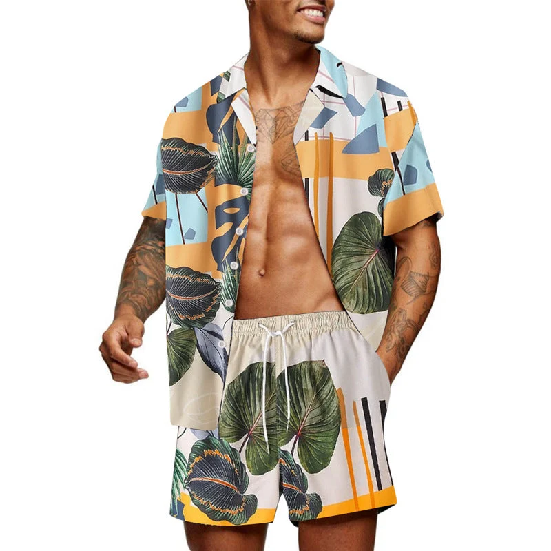 Herren Freizeit Hemd und Shorts Set mit farbenfrohem Pflanzenmuster Nord Taschen