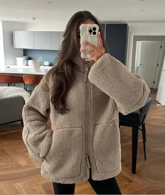 Teddyjacke Übergröße Passform Weiches Fleece Hochkragen Reißverschluss Closure