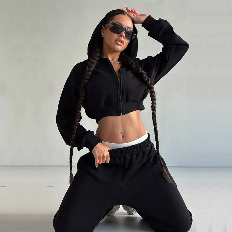 Damen moderner Cropped Hoodie und weite Jogginghose Set Nord Taschen