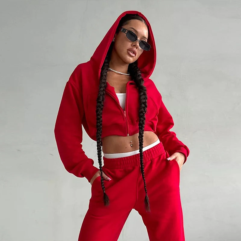 Damen moderner Cropped Hoodie und weite Jogginghose Set Nord Taschen