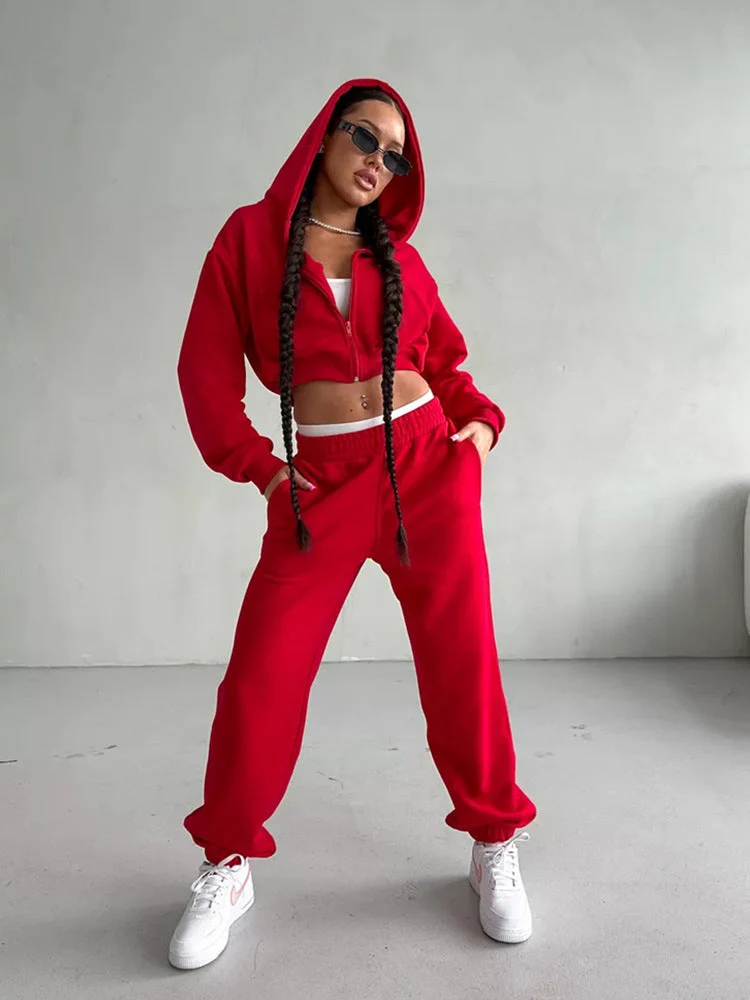 Damen moderner Cropped Hoodie und weite Jogginghose Set Nord Taschen