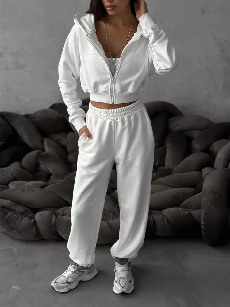 Damen moderner Cropped Hoodie und weite Jogginghose Set Nord Taschen
