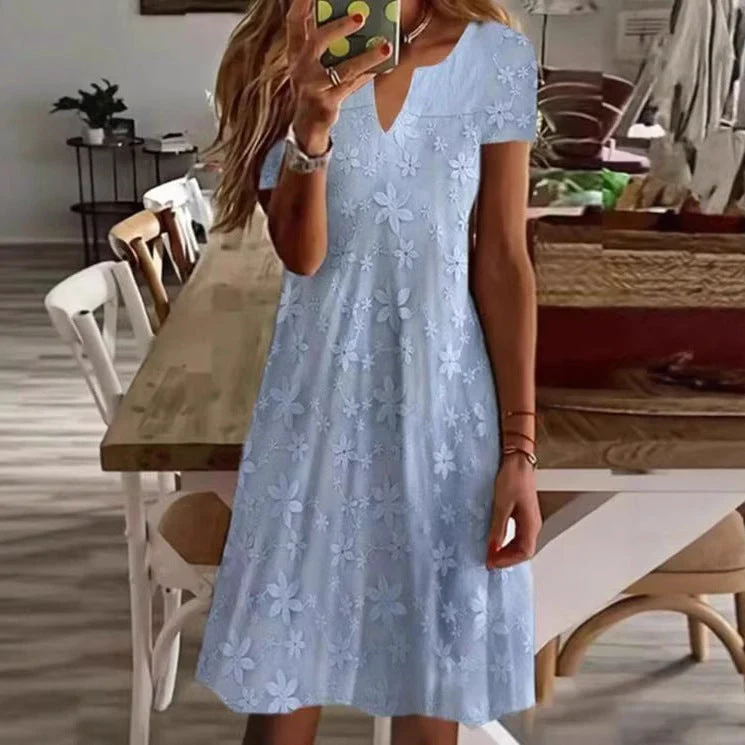 Damen Freizeitkleid mit floralem Stickdesign und V-Ausschnitt