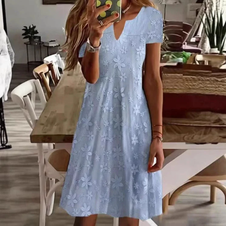 Damen Freizeitkleid mit floralem Stickdesign und V-Ausschnitt