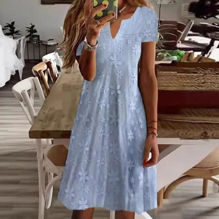 Damen Freizeitkleid mit floralem Stickdesign und V-Ausschnitt