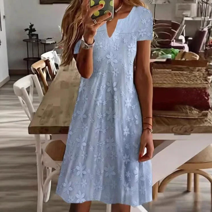 Damen Freizeitkleid mit floralem Stickdesign und V-Ausschnitt