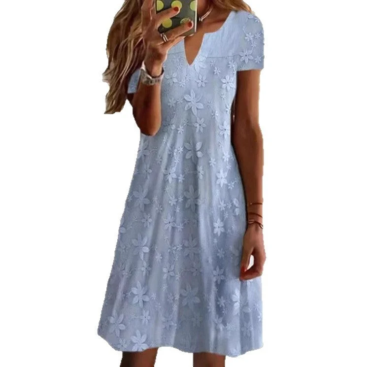 Damen Freizeitkleid mit floralem Stickdesign und V-Ausschnitt