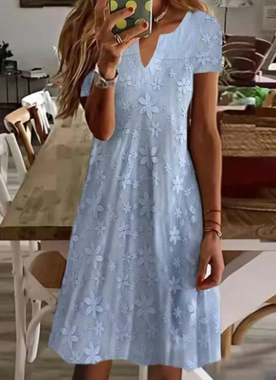 Damen Freizeitkleid mit floralem Stickdesign und V-Ausschnitt