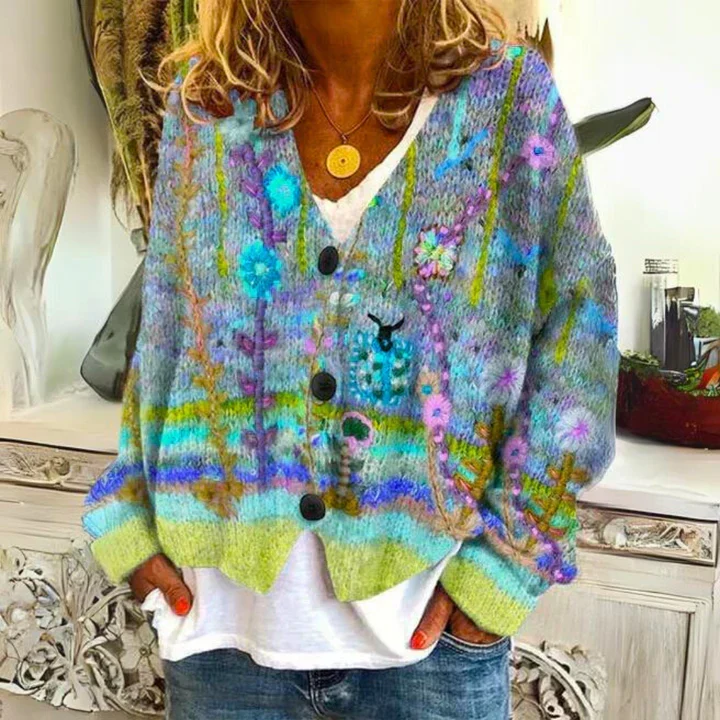 Damen Knopf Blumen Cardigan aus Daunen Warm