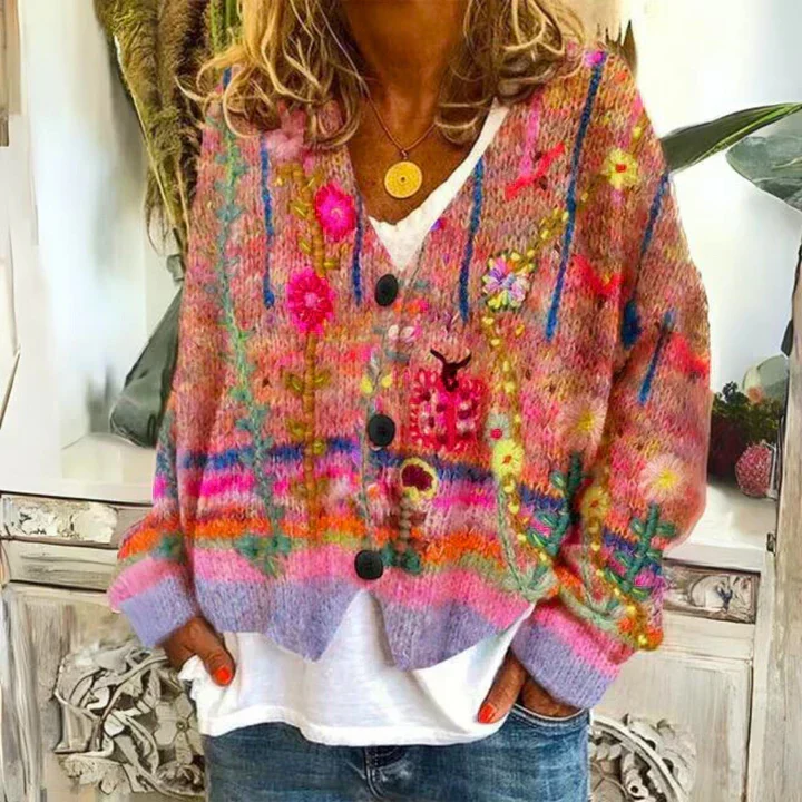 Damen Knopf Blumen Cardigan aus Daunen Warm