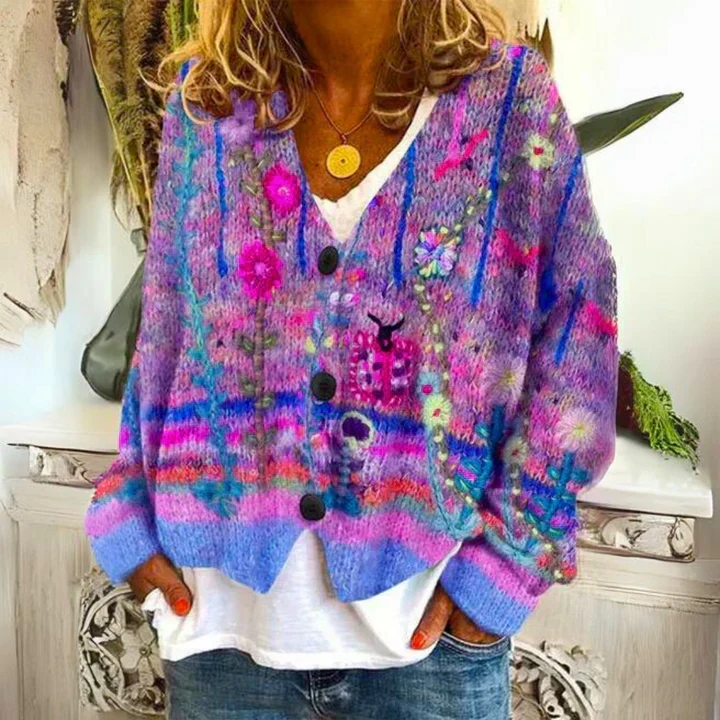 Damen Knopf Blumen Cardigan aus Daunen Warm