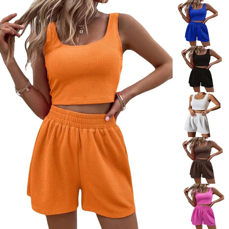 Damen modisches Crop-Top und Shorts Set mit elastischem Bund Nord Taschen
