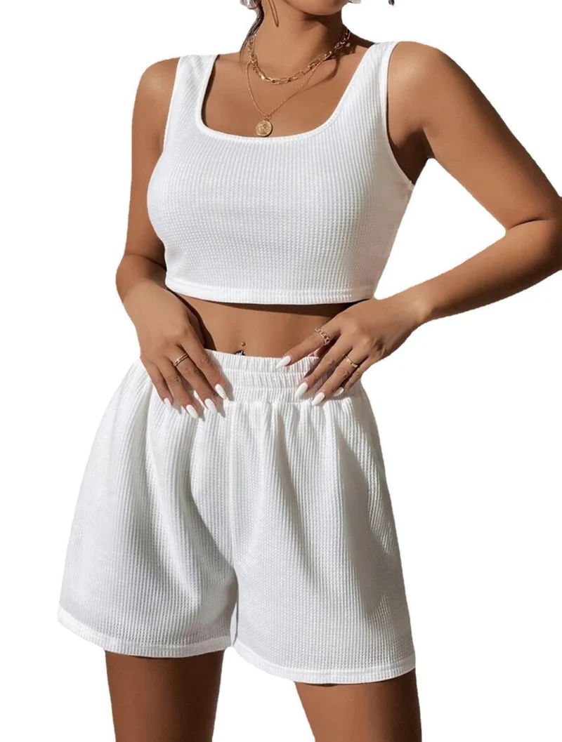 Damen modisches Crop-Top und Shorts Set mit elastischem Bund Nord Taschen