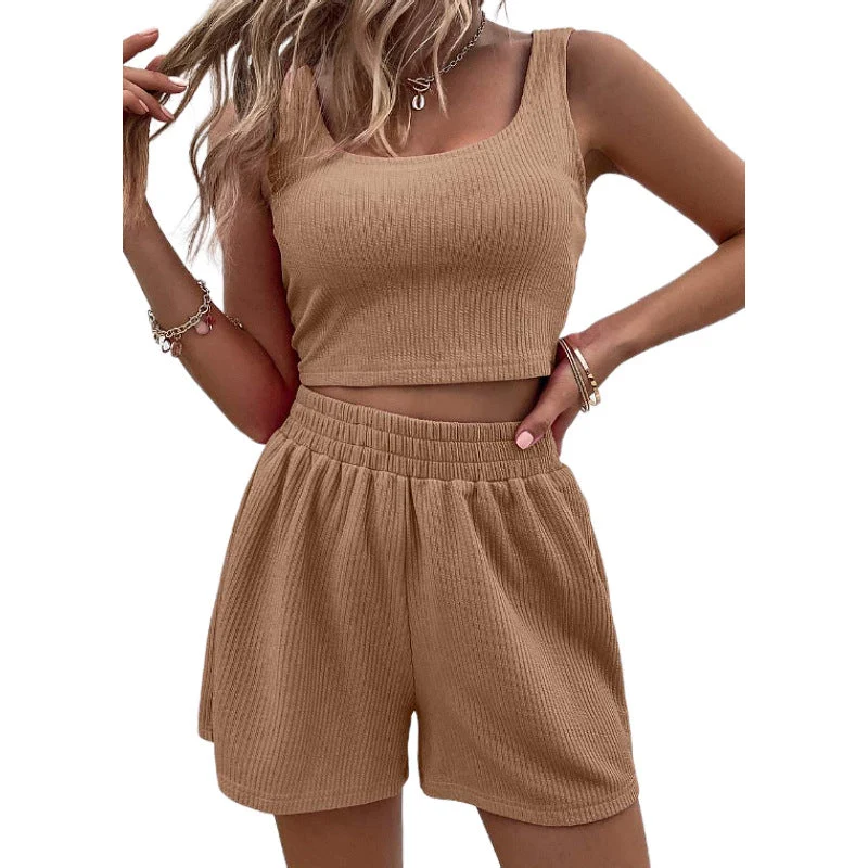 Damen modisches Crop-Top und Shorts Set mit elastischem Bund Nord Taschen
