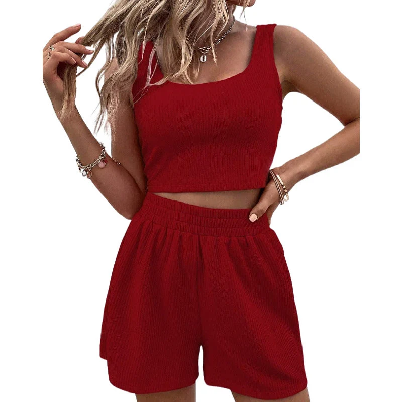 Damen modisches Crop-Top und Shorts Set mit elastischem Bund Nord Taschen