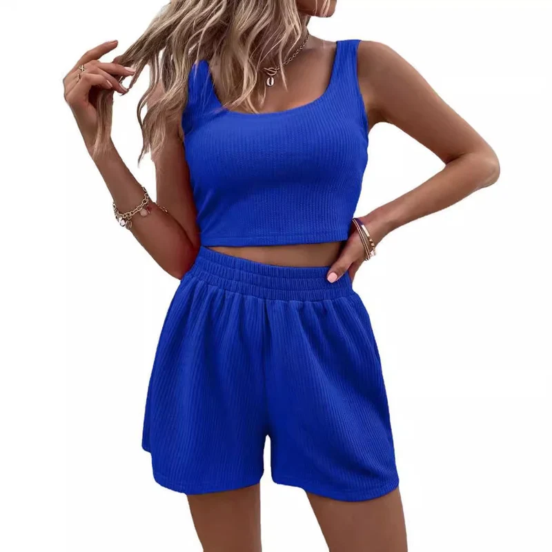 Damen modisches Crop-Top und Shorts Set mit elastischem Bund Nord Taschen