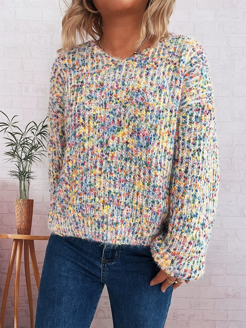 Damen komfortabler Strickpullover mit buntem Strukturmuster und weit geschnittenen Ärmeln