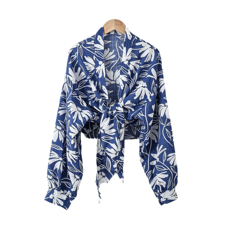 Damen nan florale Knoten-Bluse im Wickelstil mit Ballonärmeln und leichter Leinenoptik