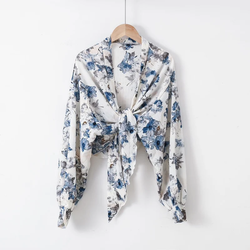 Damen nan florale Knoten-Bluse im Wickelstil mit Ballonärmeln und leichter Leinenoptik