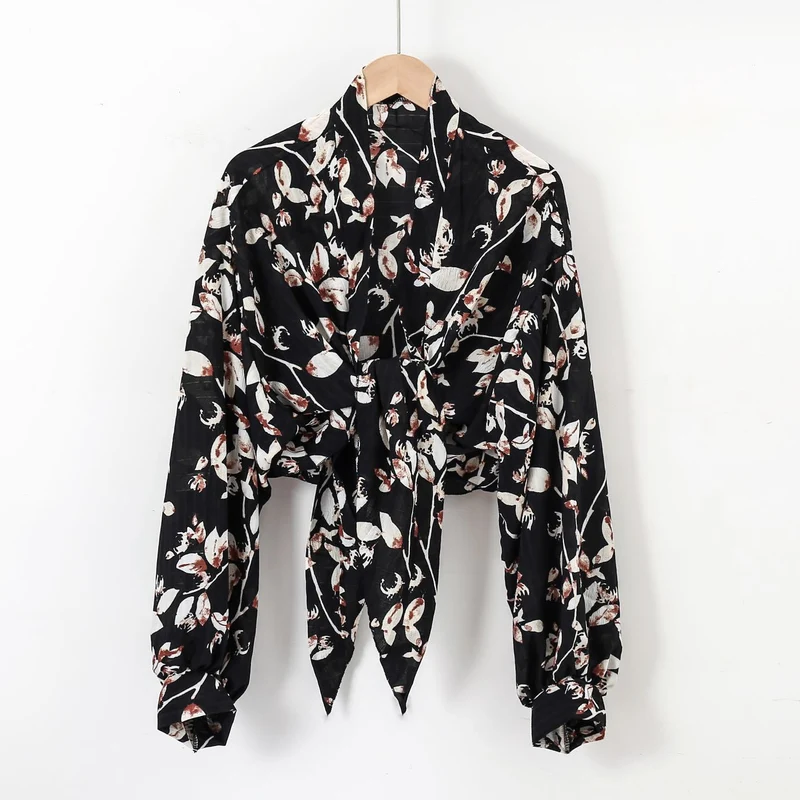 Damen nan florale Knoten-Bluse im Wickelstil mit Ballonärmeln und leichter Leinenoptik