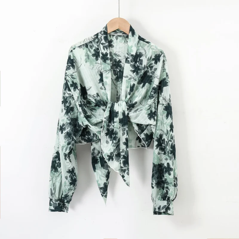 Damen nan florale Knoten-Bluse im Wickelstil mit Ballonärmeln und leichter Leinenoptik