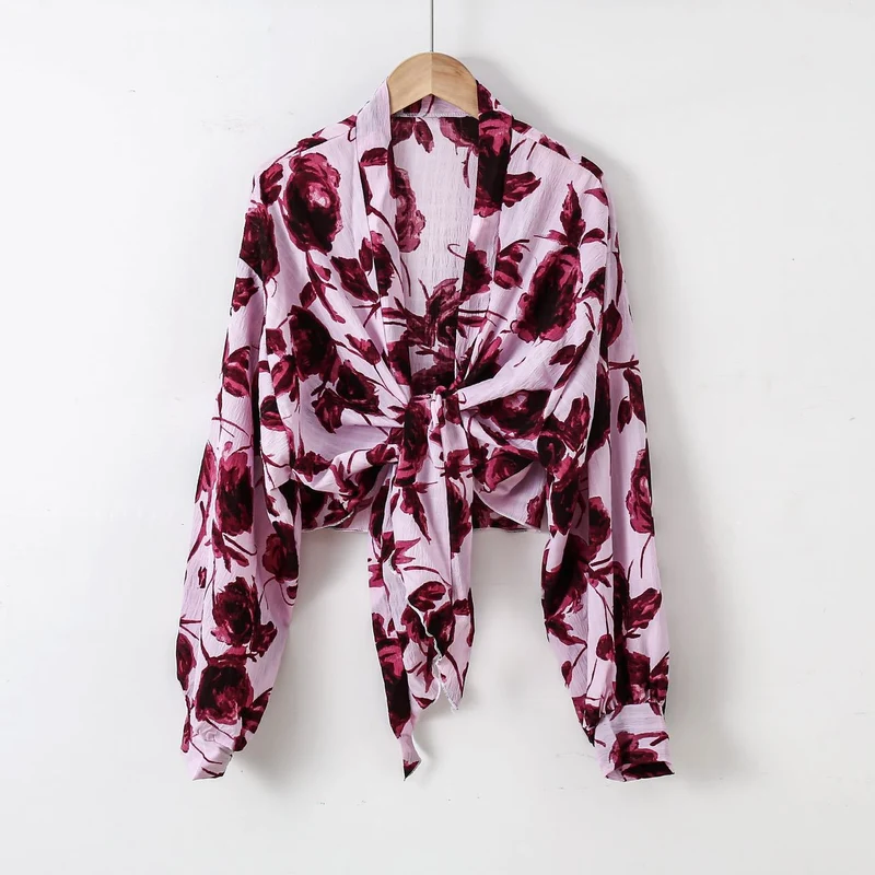 Damen nan florale Knoten-Bluse im Wickelstil mit Ballonärmeln und leichter Leinenoptik