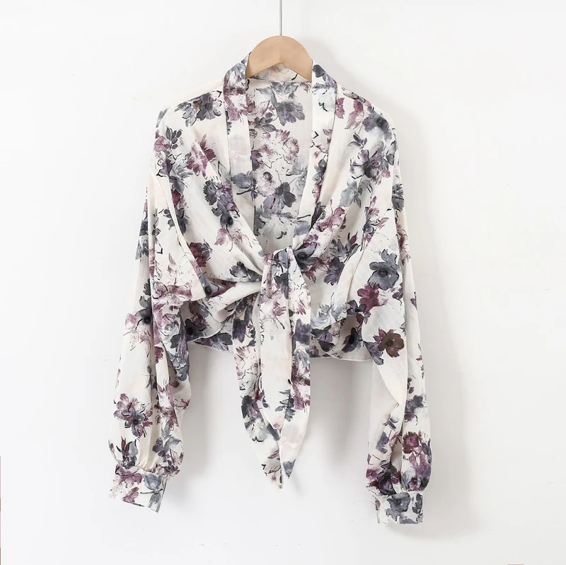 Damen nan florale Knoten-Bluse im Wickelstil mit Ballonärmeln und leichter Leinenoptik