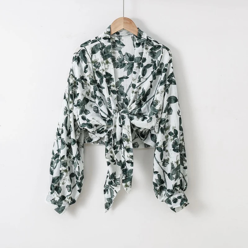 Damen nan florale Knoten-Bluse im Wickelstil mit Ballonärmeln und leichter Leinenoptik