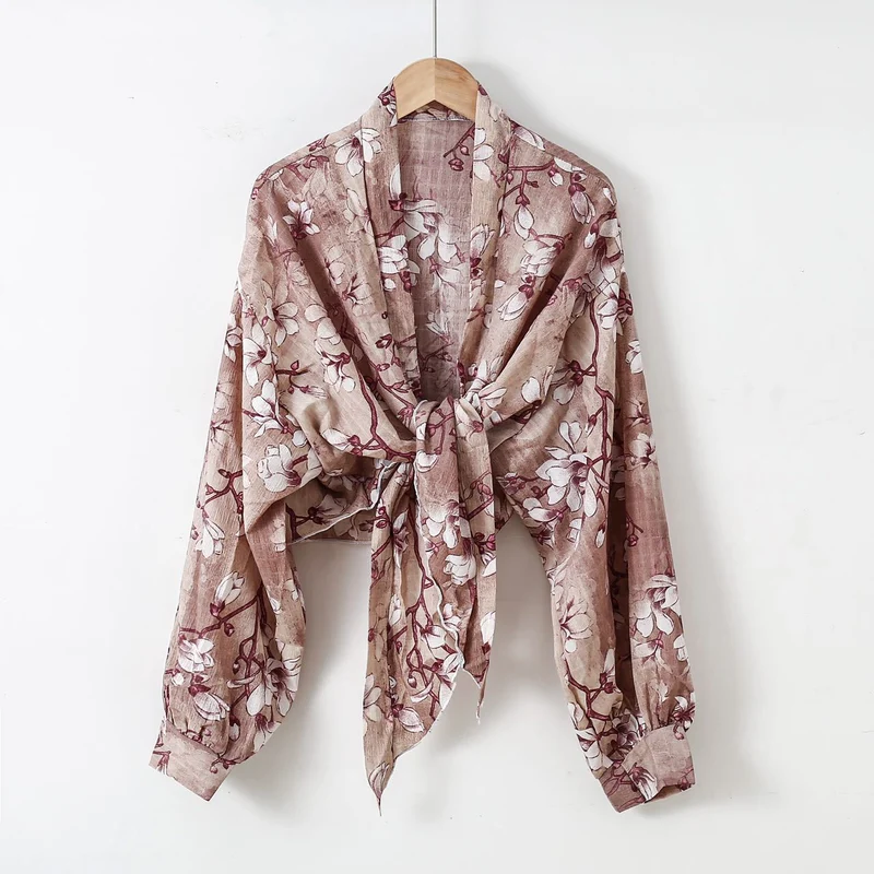 Damen nan florale Knoten-Bluse im Wickelstil mit Ballonärmeln und leichter Leinenoptik