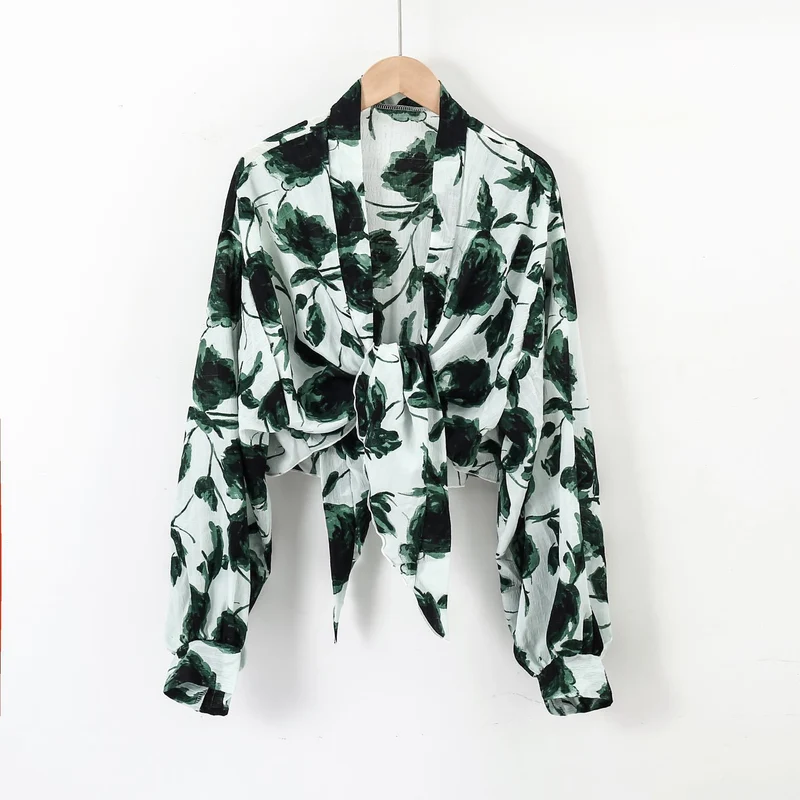 Damen nan florale Knoten-Bluse im Wickelstil mit Ballonärmeln und leichter Leinenoptik