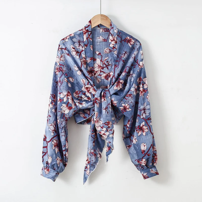 Damen nan florale Knoten-Bluse im Wickelstil mit Ballonärmeln und leichter Leinenoptik