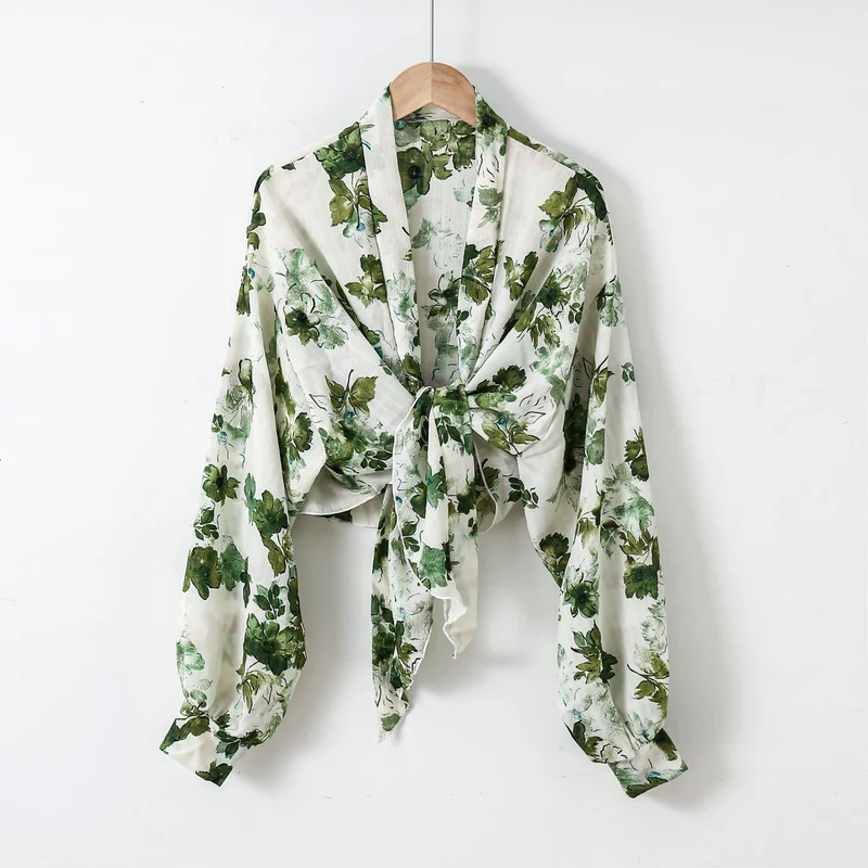 Damen nan florale Knoten-Bluse im Wickelstil mit Ballonärmeln und leichter Leinenoptik