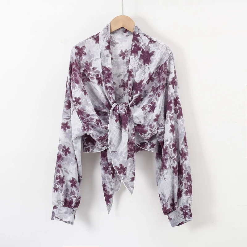 Damen nan florale Knoten-Bluse im Wickelstil mit Ballonärmeln und leichter Leinenoptik