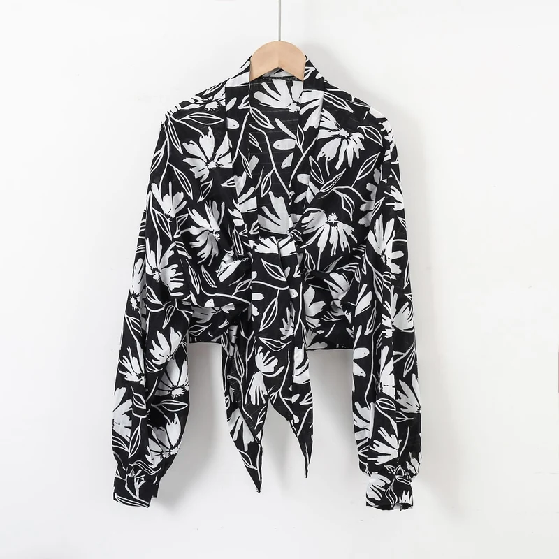 Damen nan florale Knoten-Bluse im Wickelstil mit Ballonärmeln und leichter Leinenoptik