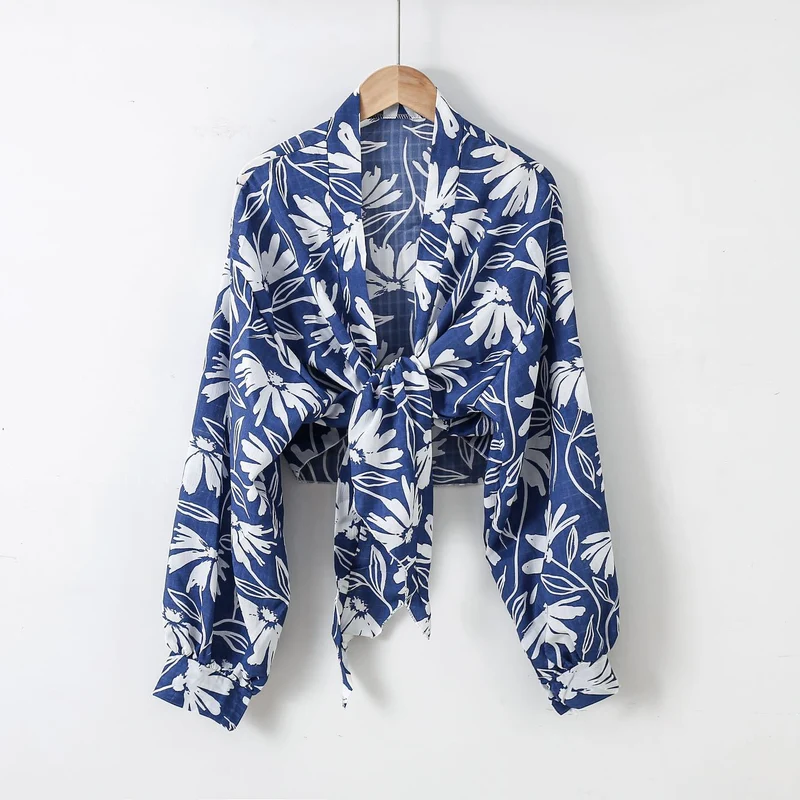 Damen nan florale Knoten-Bluse im Wickelstil mit Ballonärmeln und leichter Leinenoptik