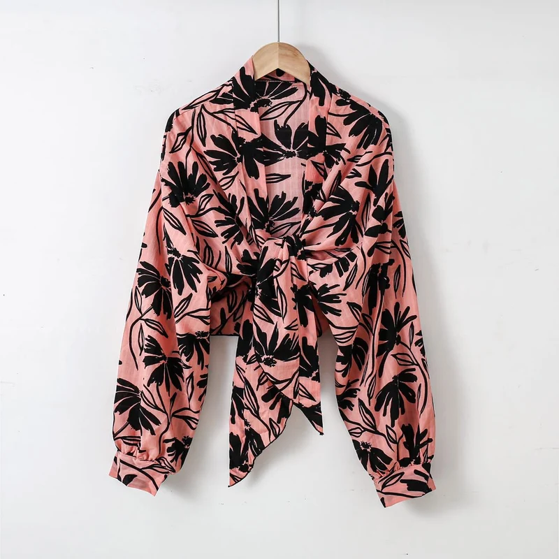 Damen nan florale Knoten-Bluse im Wickelstil mit Ballonärmeln und leichter Leinenoptik