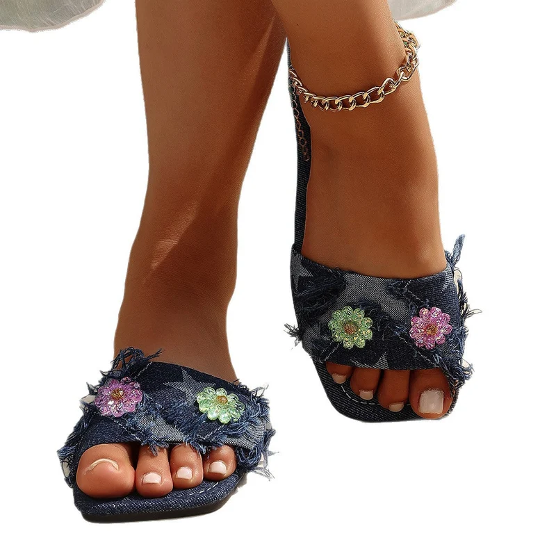 Damen flache Pantoletten mit floralem Strassdesign und rutschfester Sohle Nord Taschen
