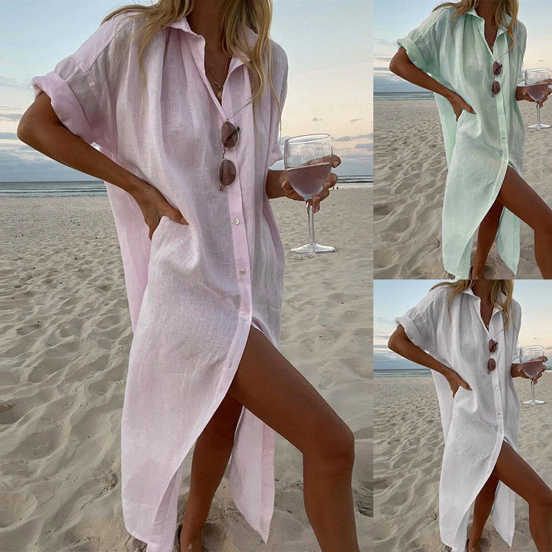 Damen lässiger Leinenhemdkleid