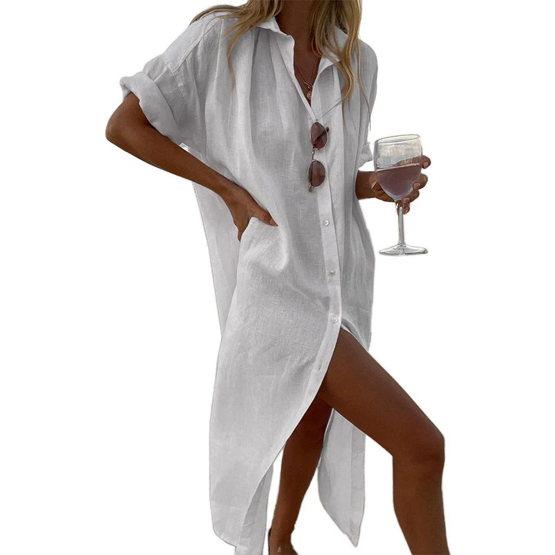 Damen lässiger Leinenhemdkleid