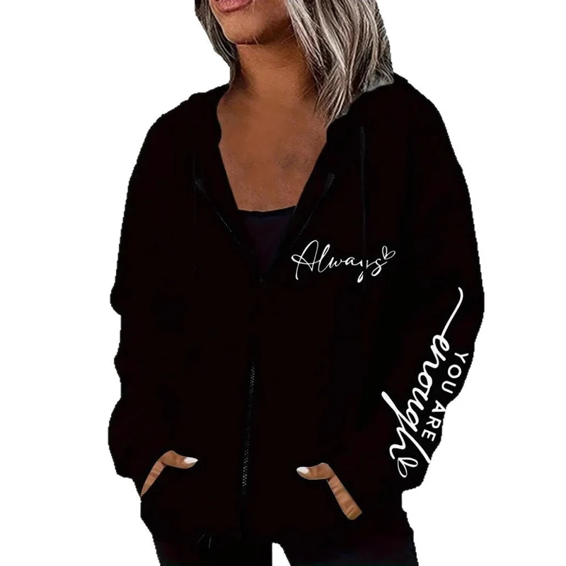 Damen nan oversized Kapuzenjacke mit Reißverschluss, handgeschriNord Taschenener Typo-Applikation und Kontrast-Eingrifftaschen