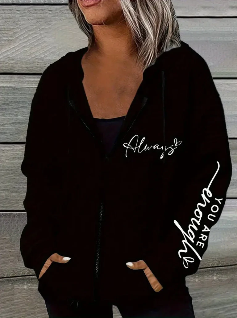 Damen nan oversized Kapuzenjacke mit Reißverschluss, handgeschriNord Taschenener Typo-Applikation und Kontrast-Eingrifftaschen