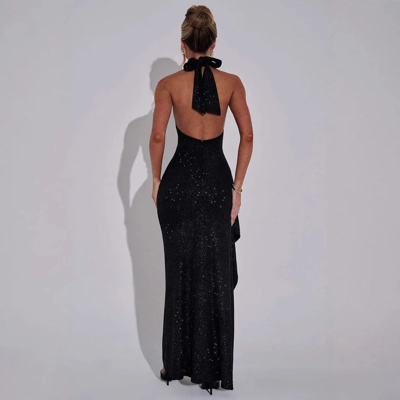 Damen Glamouröses Abendkleid mit Schlitz und Hochkragen