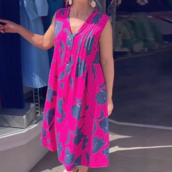 Damen nan lässiges V-Ausschnitt-Midikleid mit Brustpasse, senkrechten Falten und dekorativer Knopfleiste