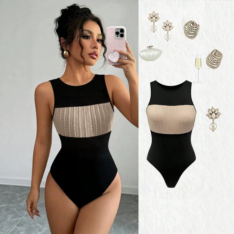 Damen Hochgeschnittener Badeanzug mit elegantem, rippierten Oberteil